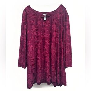 Catherine’s Velvet Burnout Top Women 5X Tunic Red Burgundy Floral Whimsygoth